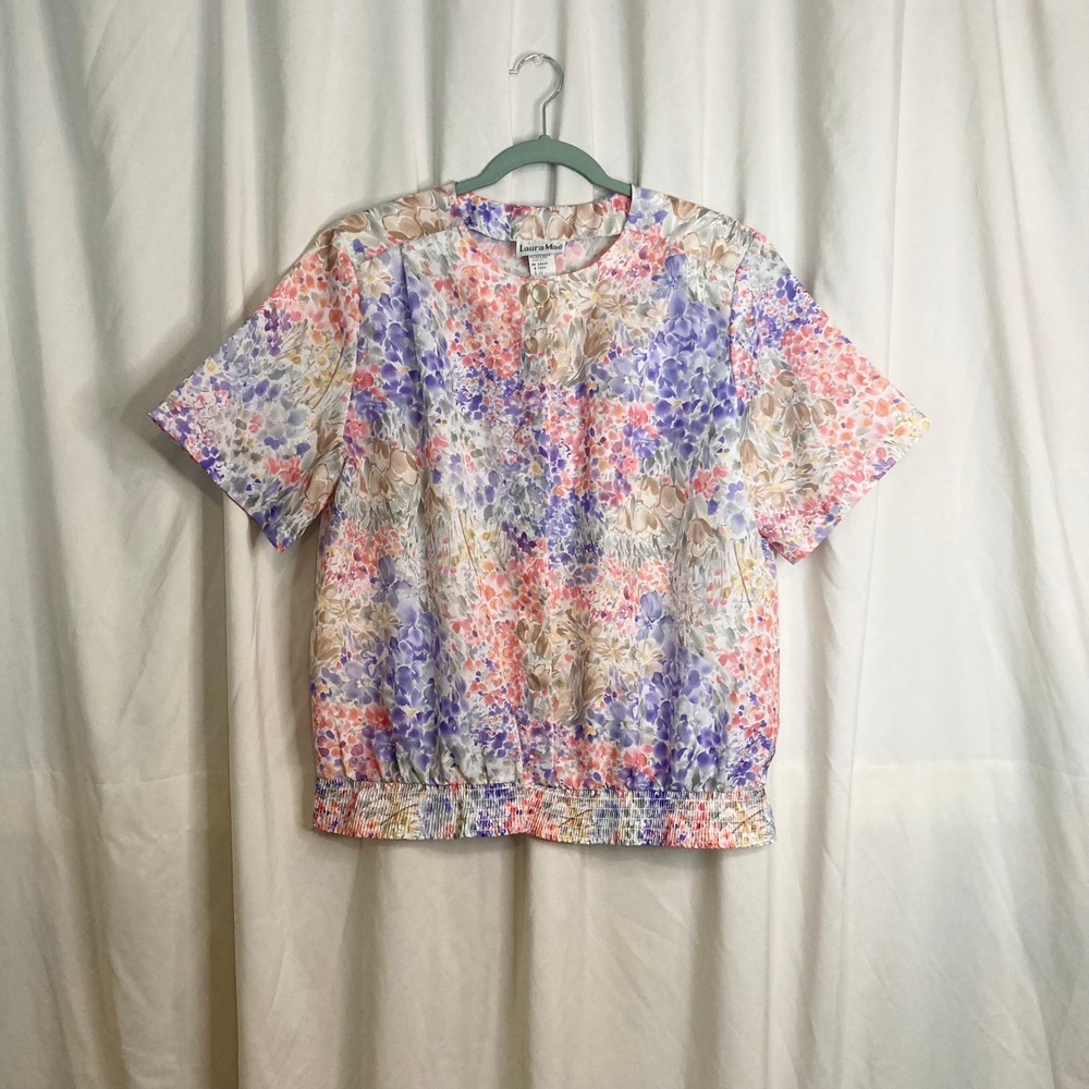 VTG 70s Blouse Multicolor Watercolor Floral Blouson 12 Cottagecore Grandmacore